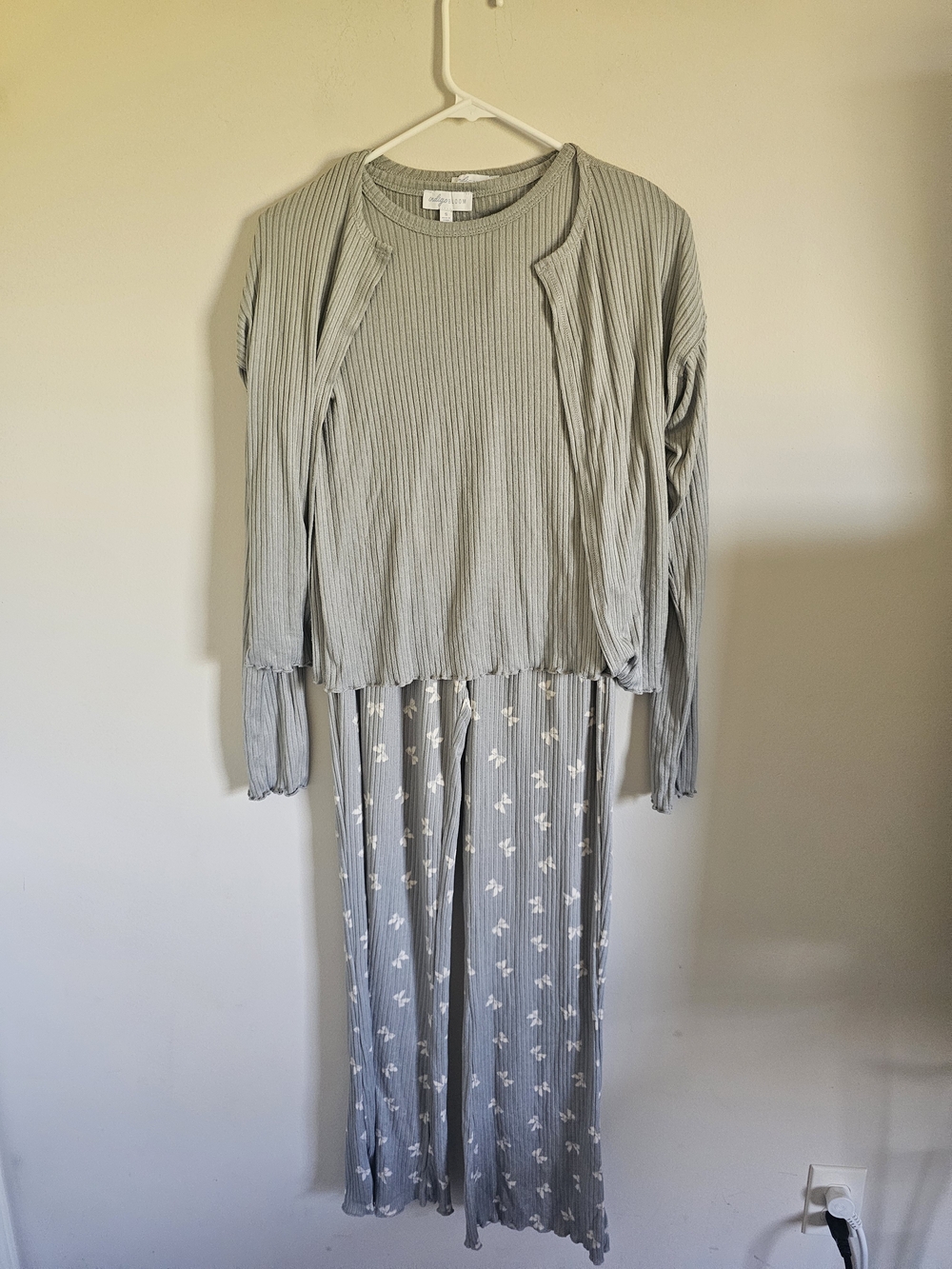 3 Piece Pajama Set Indigo Blue - Light Gray Ribbed with Printed Bow Pants